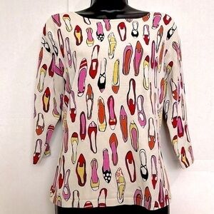 Silk City STRETCH Cotton silk Blend Chic Knit Top L Groovy Shoe Prints